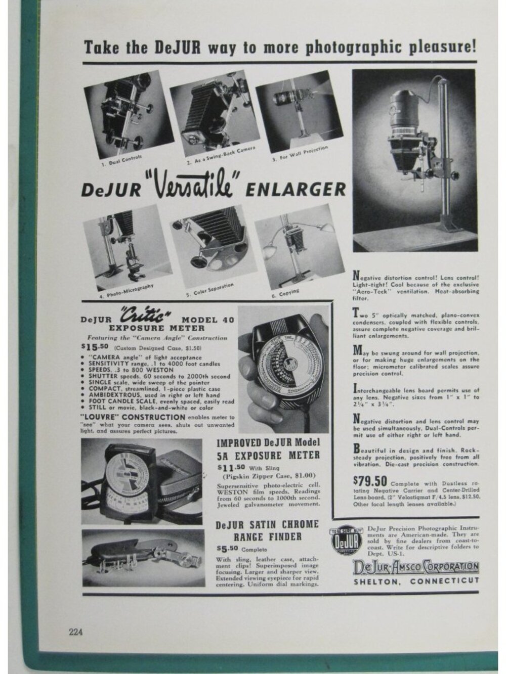 Print Ad DeJur Versatile Enlarger 1940s Photo Equipment DeJur Amsco Corp USA